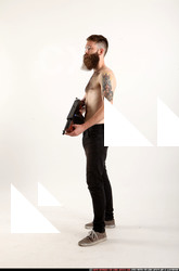Man Adult Athletic White Fighting with submachine gun Standing poses Pants