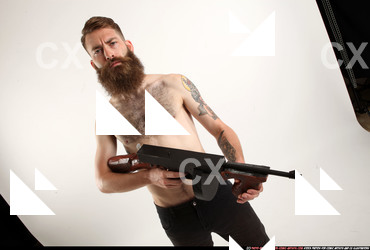 Man Adult Athletic White Fighting with submachine gun Standing poses Pants