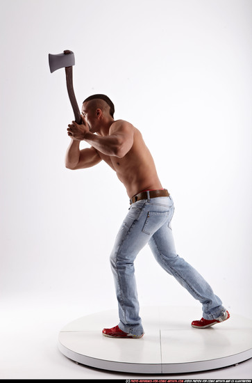 Man Adult Muscular White Fighting with sword Standing poses Pants