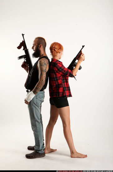Man & Woman Adult Athletic White Fighting with submachine gun Standing poses Casual