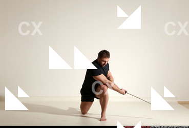 Man Adult Muscular White Fighting with sword Kneeling poses Sportswear