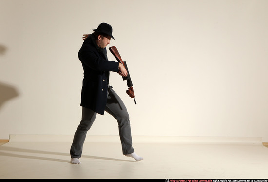Man Adult Muscular White Fighting with submachine gun Moving poses Coat