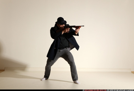 Man Adult Muscular White Fighting with submachine gun Moving poses Coat