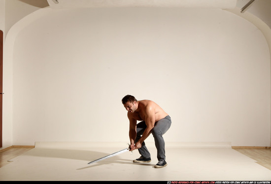 Man Adult Muscular White Fighting with sword Moving poses Casual