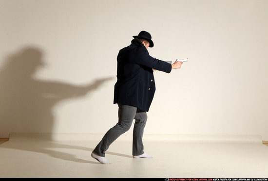 Man Adult Athletic White Fighting with gun Moving poses Coat