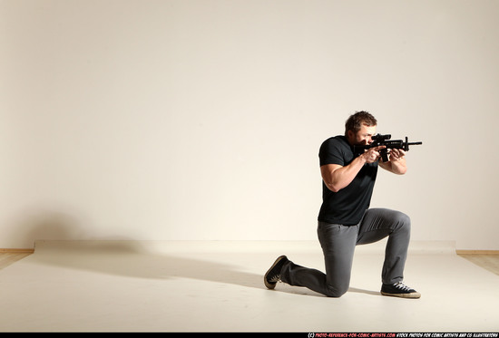 Man Adult Muscular White Fighting with submachine gun Moving poses Casual