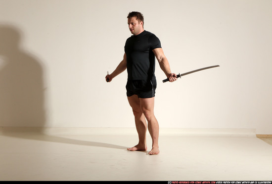 Man Adult Muscular White Fighting with sword Moving poses Sportswear