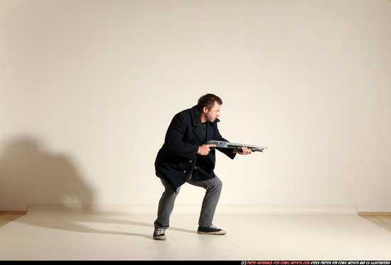 Man Adult Muscular White Moving poses Casual Fighting with shotgun