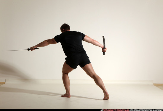 Man Adult Muscular White Fighting with sword Moving poses Sportswear