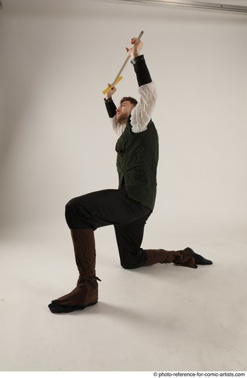Man Adult Athletic White Fighting with sword Kneeling poses Casual