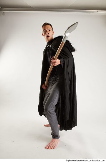 Man Adult Athletic White Fighting with spear Coat