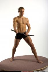 Man Adult Muscular White Fighting with sword Standing poses Underwear