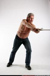 Man Old Chubby White Fighting with sword Standing poses Pants