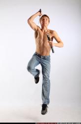Man Young Athletic White Fighting with sword Moving poses Pants