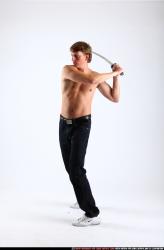 Man Young Athletic White Fighting with sword Standing poses Pants
