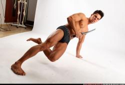 Man Adult Muscular White Fighting with sword Moving poses Underwear