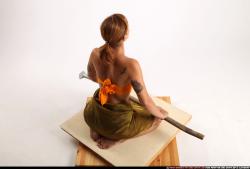 Woman Adult Athletic White Fighting with spear Sitting poses Army
