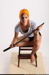 Woman Adult Athletic White Fighting with sword Sitting poses Army