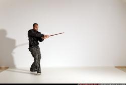 Man Adult Athletic White Fighting with sword Moving poses Jacket